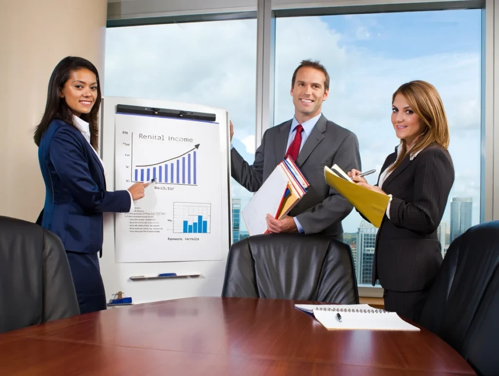 Team presenting rental income growth chart