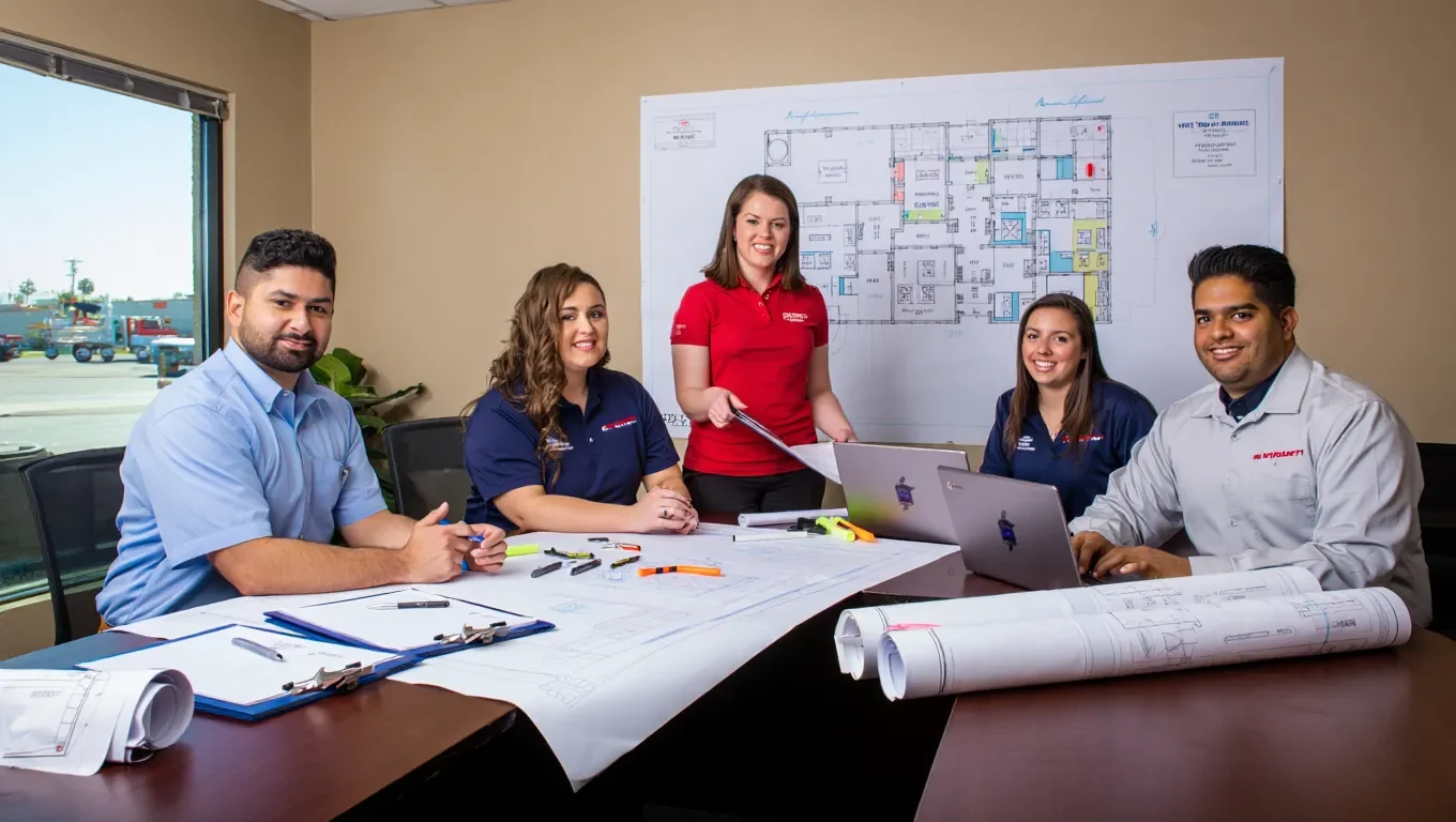 Maintenance team reviewing property floor plans