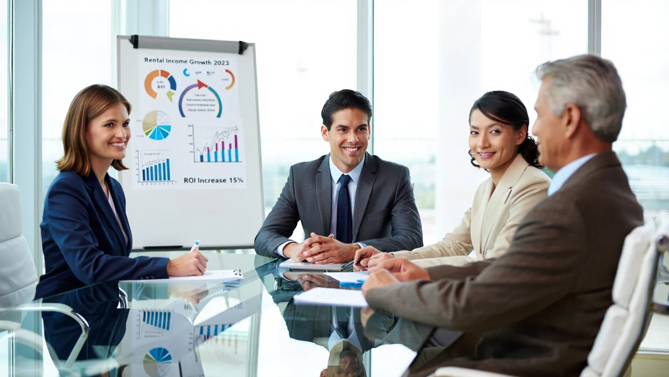 Team discussing rental income growth at meeting